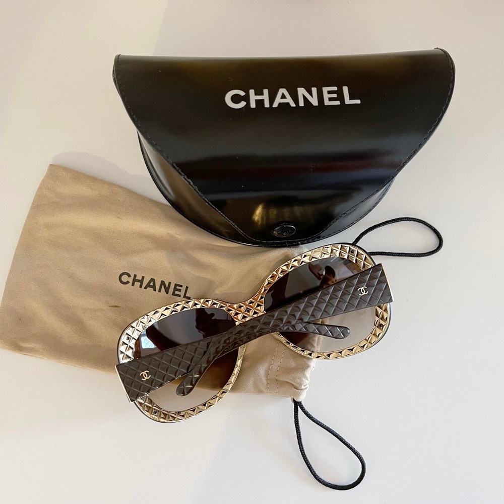 CHANEL ~ Vintage Brown Quilted Oversized Oval Sunglasses